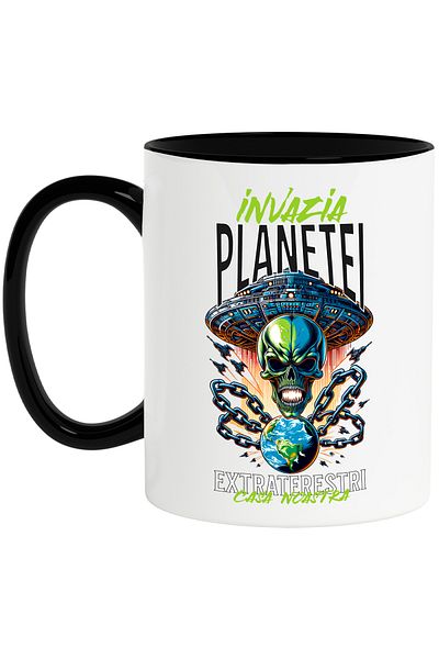 StoryGift Romania Alien Planet Earth Galaxy Invasion Mug, 330ml, Ceramic with Black Handle, With ,STG