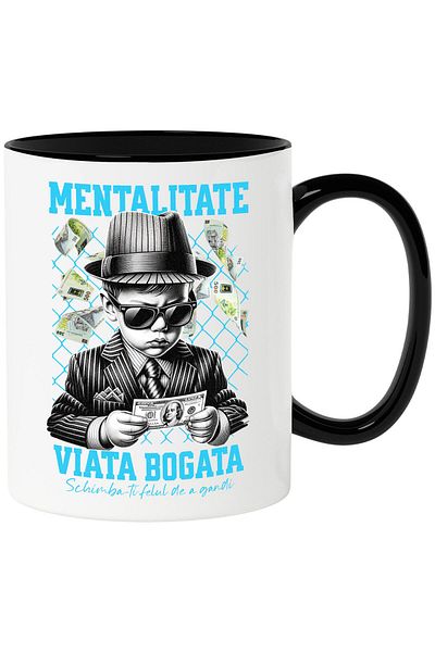 StoryGift Romania Mug with Baby in mafia style costume with glasses, banknote with text Mentalitate Via, Cu, STG