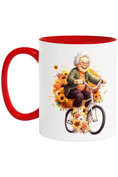 StoryGift Romania Mug with a granny with glasses riding a bike | illustration | many flowers, With ,STG