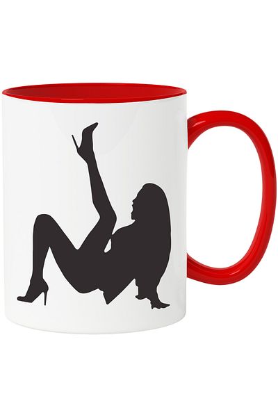 StoryGift Romania Mug with a woman holding one leg up with a red handle, with a red handle STG, STG, STG