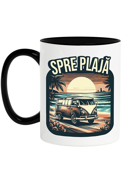 StoryGift Romania Mug to the beach with caravan sunset adventure, 330ml, Ceramic with Black Handle, With, STG.