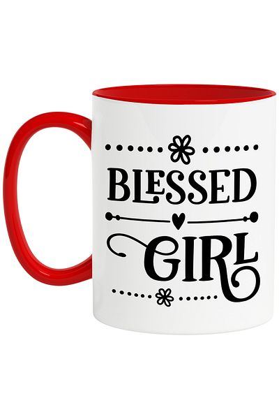 StoryGift Romania Mug for a girl blessed with a good family - heart with red handle, Cu Mane, STG