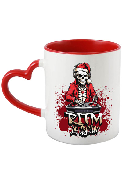 StoryGift Romania Cana Ritm de Craciun schelete mos de Craciun DJ, 330ml, Ceramica cu Maner Inima , Cu ,STG