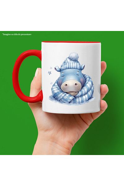 StoryGift Romania Mug with a sleeping hippopotamus | illustration | hat | scarf | cold | frost, With