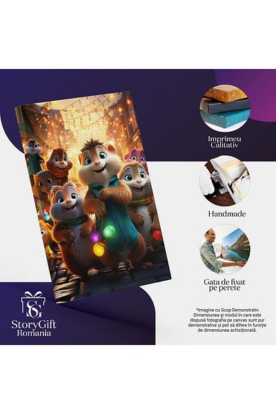 StoryGift Romania Tablou Canvas: Veverite Desene Animate Bucuroase Cu Ochii Albastri Si Globuri Luminoase Petrec