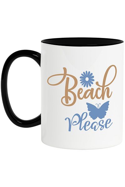 StoryGift Romania Mug with a flower and a butterfly with the text in English "Beach, please" - mai scutes, Cu,STG