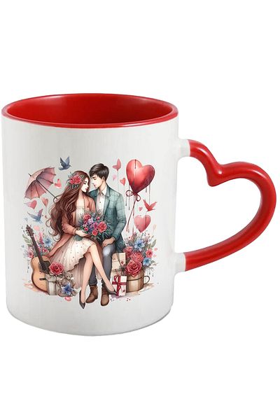 StoryGift Romania Mug with a girl and a boy | illustration | bouquet of flowers | gift | hearts | , With ,STG