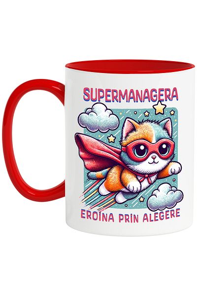 StoryGift Romania Super Manager Mug, Superhero, Heroine By Choice, 330ml, Ceramic with Red Handle, With, STG