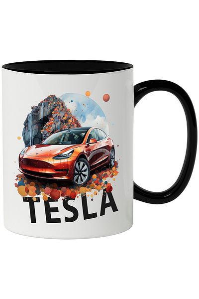 StoryGift Romania Mug With Car, Tesla, Rocks, Polka Dots, Sky, Clouds, Multicolor 330 ml, Ceramic with, With, STG