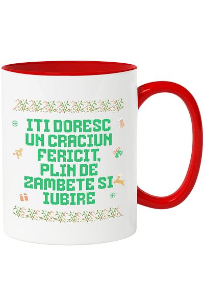 StoryGift Romania Christmas greeting mug I wish you a Merry Christmas, 330ml, Ceramic with Red Handle, With,STG