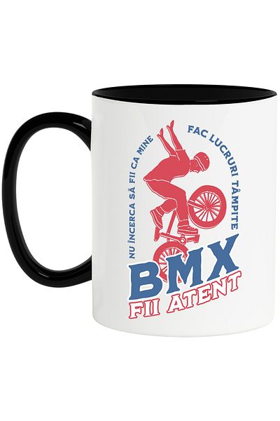 StoryGift Romania Mug Boy on bmx text scheme be careful sport, 330ml, Ceramic with Black Handle, With Handle, STG