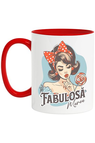 StoryGift Romania Mug Girl with lollipop and bow text always fabulous, 330ml, Ceramic with Red Handle, With M,STG