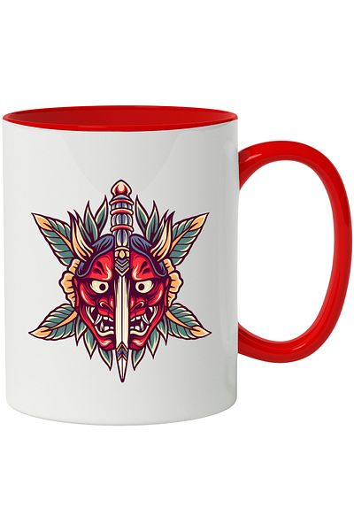 StoryGift Romania Mug With Oni Mask, Demon, Dagger, Leaves, Flowers, Asian, Retro, Multicolor 330 , With ,STG