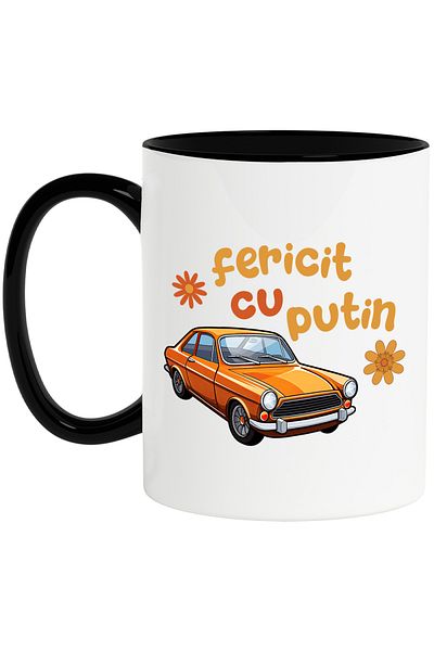 StoryGift Romania Happy with a little vintage classic car mug, 330ml, Ceramic with Black Handle, With Handle, STG