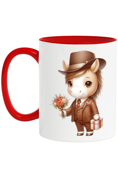 StoryGift Romania Mug with a horse in a suit, illustration, hat, bouquet of flowers, gift, gift for, With, STG
