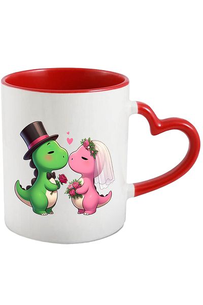StoryGift Romania Mug with 2 dinosaurs at the wedding | pink | green | hearts | bouquet of roses | , With ,STG .