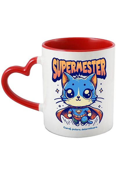 StoryGift Romania Super Mester Mug, Superhero, Flying Cat, 330ml, Ceramic with Red Heart Handle, With,STG.