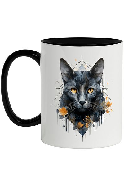 StoryGift Romania Cat Mug, Geometric, Prism, Flowers, Leaves, Freesia, Multicolor 330 ml, Sky, With ,STG
