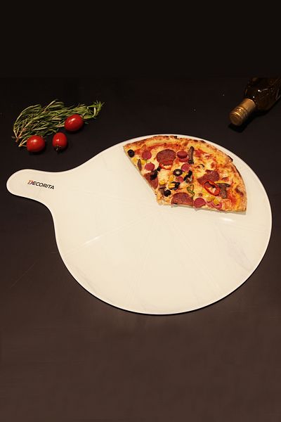 Decorita Pizza Presentation Glass with Handle and Cut Channel |   White Marble |   36cm X 47cm