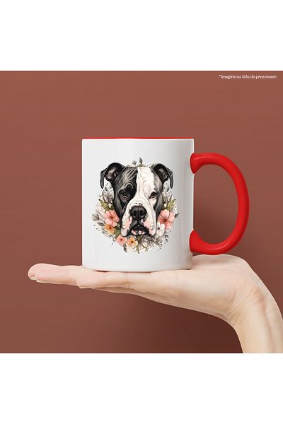 StoryGift Romania Mug with a serious, embarrassed Boxer dog, illustration, variously colored flowers, for, With, STG