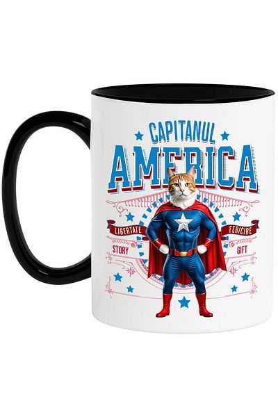 StoryGift Romania Mug with Siamese Cat in Captain America Costume with Cape, Hero N, With, STG