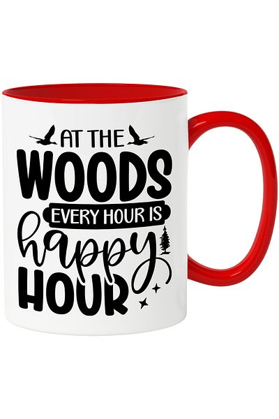 StoryGift Romania Mug with birds and the message "In the forest, any hour is a happy hour" with Red Handle, With, STG