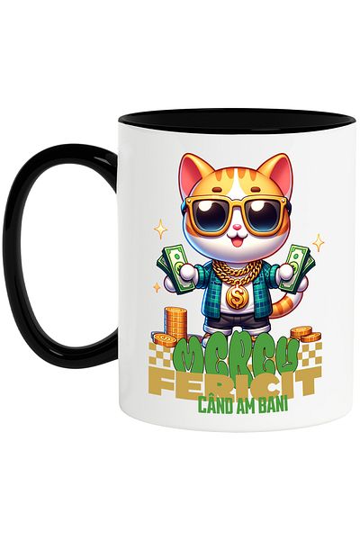 StoryGift Romania Gangster Cat Mug with Sunglasses and Banknotes, 330ml, Ceramic with Handle, With,STG