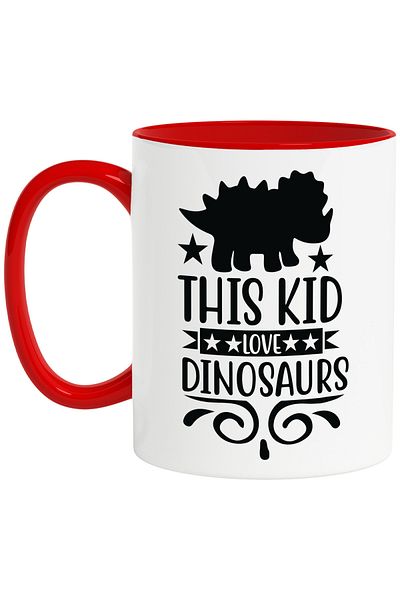 StoryGift Romania Mug with stars and a dinosaur with the message "This kid loves dinosaurs" - this mug, With ,STG