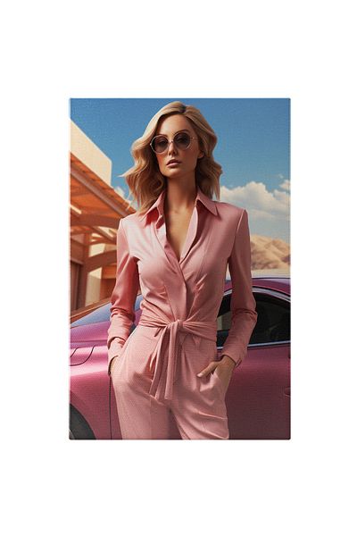 StoryGift Romania Tablou Canvas: Femeie In Salopeta Satin Roz Cu Nasturi Maneca Cu Ruj Nude Si Par Ondulat Pict