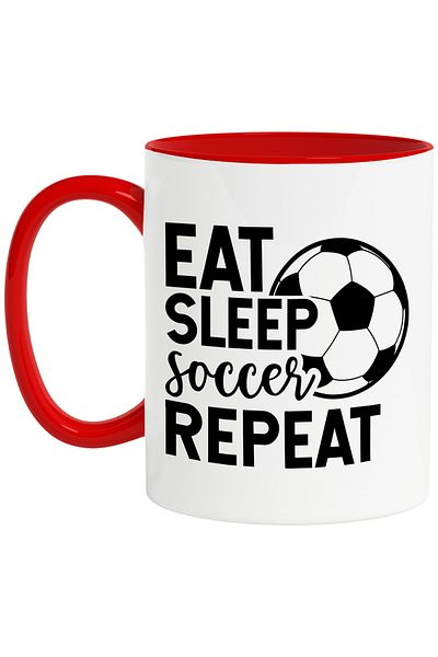 StoryGift Romania Mug with illustration showing a soccer ball and the message "Eat sleep, soccer, repeat, With ,STG