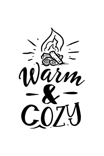 StoryGift Romania Sticker Exterior cu un foc de tabara si textul "Warm & cozy" - cald si confortabil , Vinyl