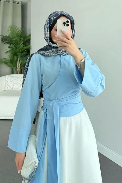 MY QILAM Number 10 Fashion Women's Baby Blue Wide Cuff Sleeve Detailed Tie Front Poplin Shirt