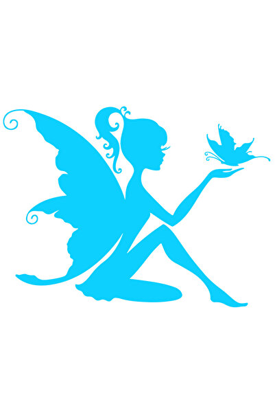 StoryGift Romania Sticker Adeziv 90CM Exterior cu o zana la care vine un fluture , Vinyl Albastru, 90 cm