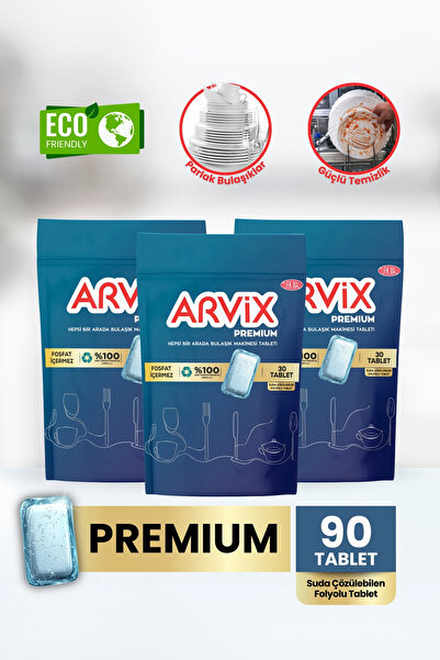 arvix HEPSİ BİR ARADA BULAŞIK MAKİNESİ TABLETİ PREMİUM 90'LI (30'LU 3 PAKET)