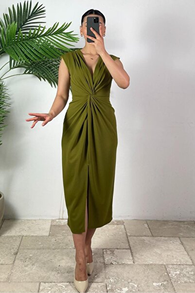 Madmext Yağ Yeşili Yırtmaç Detaylı Kruvaze Yaka Kadın Elbise Mg2417