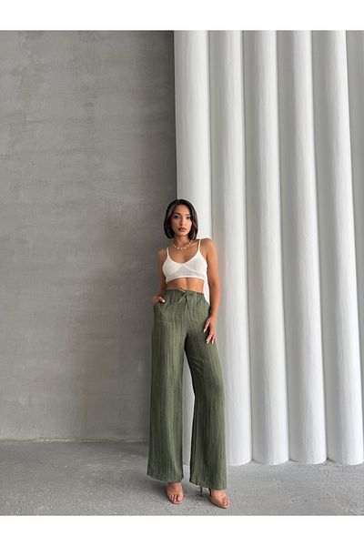 Miss Prova Wide Leg Cord Detailed Linen Blend Trousers Mısspl2636