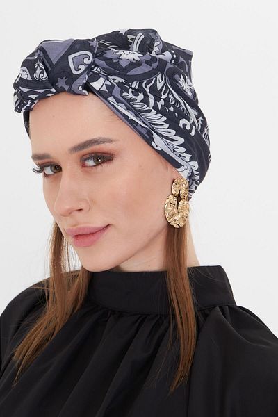 HÜRREM BONE Anthracite Practical Ready-Made Hijab Bonnet Cut Fiber Retro Patterned 2409_25