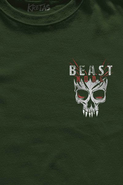 Kretas Unisex Χακί T-shirt Beast Mode Gym Sports Workout Μίνιμαλ μπλουζάκι με στάμπα μπροστά για άνδρες