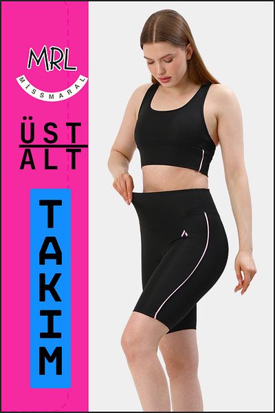 missmaral Set de 2 piese pentru femei, negru, pantaloni scurți, jambiere și bustieră sport cu tampoane liliac el3043