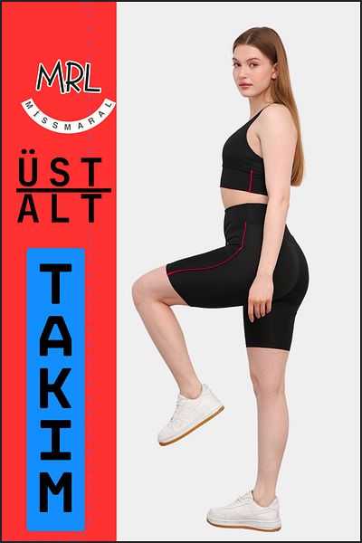missmaral Set de 2 piese pentru femei, negru, pantaloni scurți, pantaloni scurți și bustieră sport cu tampoane, cu tuburi roșii elt3043