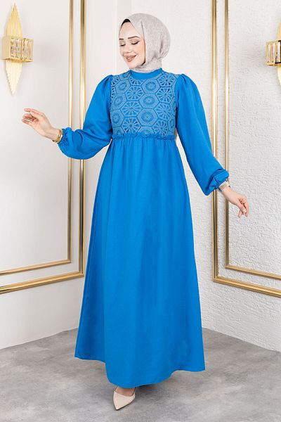 Tesettür Dünyası Blaues Hijab-Kleid – Spitzendetail vorne, TSD 240519