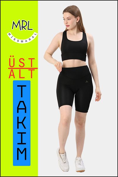 missmaral Set de 2 piese pentru femei, negru, pantaloni scurți, pantaloni scurți și bustieră sport cu tampoane, culoare kaki, el3043