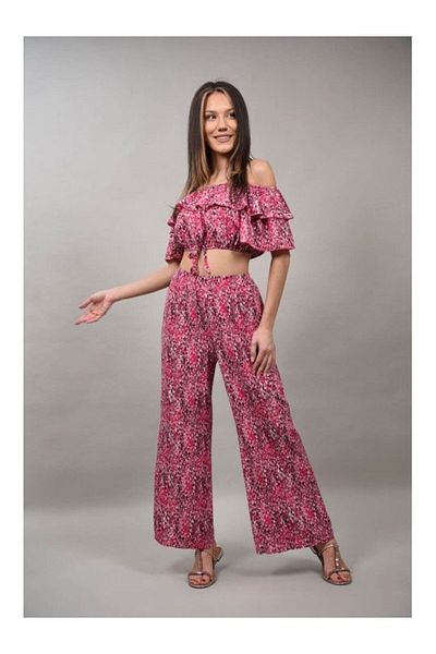 sweet girl SERAFINO ANIMAL PRINT RUFFLE CROP TOP TROUSER SET Pink L-XL