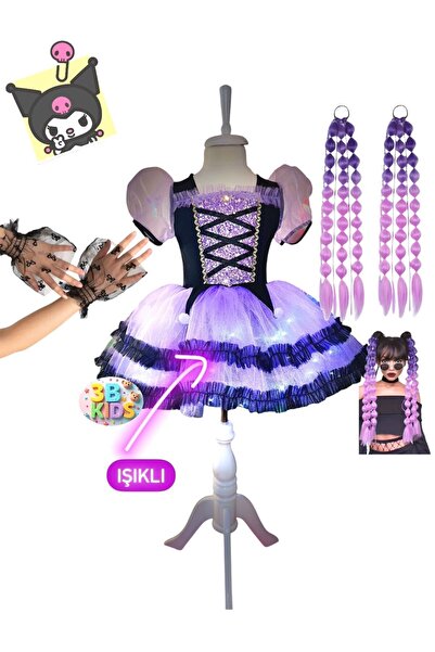 3b kids kuromi ışıklı elbise kuromi saçlı kostüm çocuk balo mezuniyet