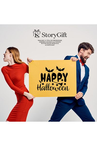 StoryGift Romania 90CM Exterior Adhesive Sticker with illustration showing bats and the message "Happy Halloween" - Hall