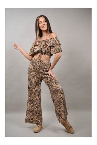 sweet girl Serafino Animal Print Ruffle Crop Top Pant Suit S-m Brown
