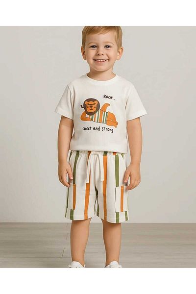 Mackays Boy's Lion Printed T-Shirt Cargo Pocket Striped Shorts Set of Two