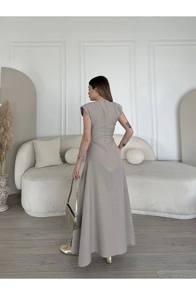 modaserdem Women's Linen Look Long Zero Sleeve Dress with Side Slits - Gray