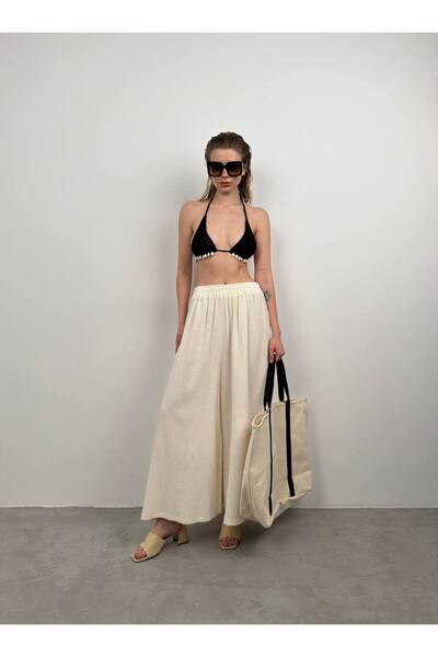 vuvutasarım Товсті ремені, широкі штанини, деталізовані жіночі лляні штани 23s01017