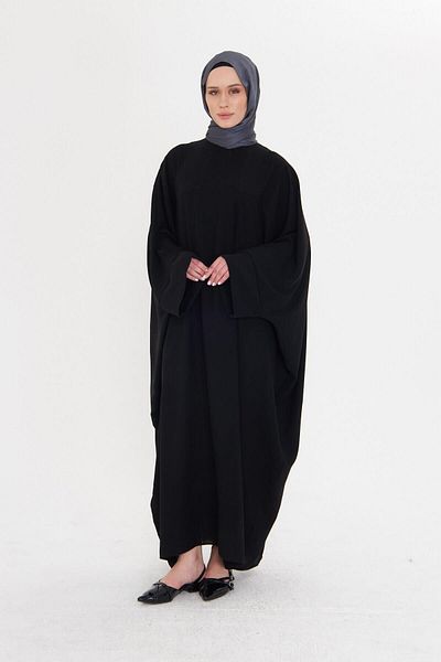 HÜRREM BONE Rochie dreaptă cu mâneci liliac negru oversize din mătase Medina cu nasturi la spate 4001_01